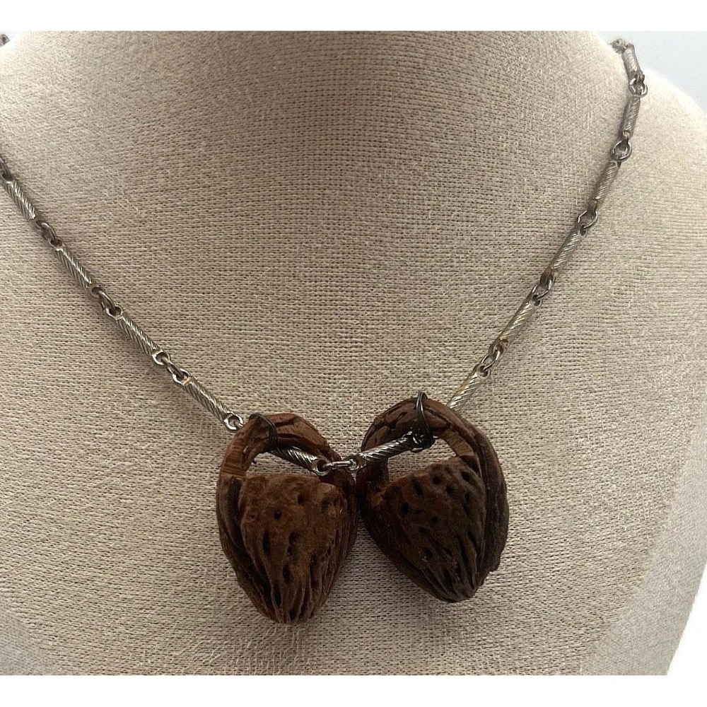 Vintage Multi Strand Wood Nut Carved Heart Pendant Chain Necklace Boho